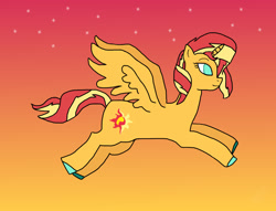 Size: 2000x1524 | Tagged: safe, imported from derpibooru, sunset shimmer, alicorn, pony, art pack:mypastisnottoday2025, alicornified, cloven hooves, cyan eyes, flying, gradient background, race swap, shimmercorn, spread wings, two toned mane, wings, yellow coat
