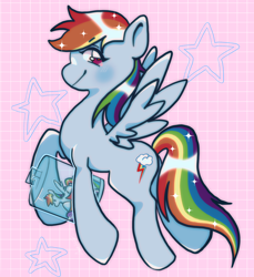 Size: 1468x1600 | Tagged: safe, artist:anaisik, imported from derpibooru, rainbow dash, pegasus, pony, abstract background, female, figurine, flying, grid background, holding, mare, merchandise, smiling, solo