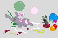 Size: 1433x936 | Tagged: safe, artist:retl, imported from derpibooru, oc, oc only, oc:foundation, oc:hired gun, earth pony, pony, fallout equestria, fallout equestria: heroes, balloon, duo, duo female, earth pony oc, eyes closed, fanfic art, female, female oc, filly, filly oc, foal, gray background, lying down, mare, mare oc, mother and child, mother and daughter, parent and foal, popped balloon, prone, simple background, wavy mouth