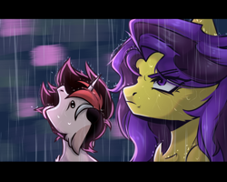 Size: 1500x1200 | Tagged: safe, artist:andent, imported from derpibooru, rainy feather, oc, oc only, pegasus, pony, unicorn, brown hair, duo, duo male and female, female, female oc, horn, light, male, male oc, night, outdoors, purple eyes, purple hair, rain, serious, serious face, silly, wet, wet mane