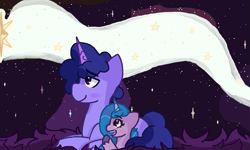 Size: 1091x655 | Tagged: safe, artist:featherwing555, imported from derpibooru, izzy moonbow, oc, oc:sol night, pony, unicorn, duo, duo male and female, father and child, father and daughter, female, filly, filly izzy moonbow, foal, g5, horn, lying down, male, night, night sky, outdoors, prone, sky, stallion, younger
