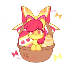 Size: 1440x1440 | Tagged: safe, artist:sunnyflare520, imported from derpibooru, apple bloom, earth pony, pony, :3, basket, easter, easter 2025, easter basket, easter egg, female, filly, foal, hair ribbon, holiday, looking at you, ribbon, simple background, smiling, smiling at you, solo, text, white background