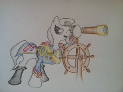 Size: 2592x1936 | Tagged: safe, artist:shoot me in the face, imported from derpibooru, oc, oc only, oc:boo, earth pony, fallout equestria, fallout equestria: project horizons, boots, clothes, colored pencil drawing, earth pony oc, fanfic art, female, female oc, filly, filly oc, foal, hat, hoof hold, medal, open mouth, open smile, ship's wheel, shoes, simple background, smiling, solo, steering wheel, telescope, traditional art, white background