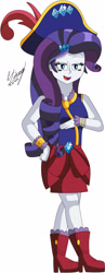 Size: 1280x3297 | Tagged: safe, artist:denisseguadiana, imported from derpibooru, rarity, human, equestria girls, boots, clothes, cute, eyeshadow, female, hand on chest, hand on hip, hat, makeup, open mouth, open smile, pirate, pirate costume, pirate hat, raribetes, shoes, smiling, solo