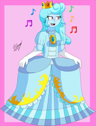 Size: 483x631 | Tagged: safe, artist:denisseguadiana, imported from derpibooru, oc, oc only, oc:jemima sparkle, human, equestria girls, clothes, crown, curtsey, cute, dancing, dress, evening gloves, female, gloves, gown, jewelry, long gloves, music notes, ocbetes, open mouth, open smile, princess peach, regalia, singing, smiling, super mario, super mario bros.