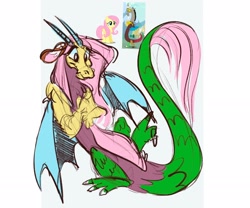 Size: 2048x1706 | Tagged: safe, artist:creaturedeer, imported from derpibooru, discord, fluttershy, draconequus, pegasus, pony, what about discord?, female, fusion, fusion:discord, fusion:fluttershy, male, my little pony, screencap reference, simple background, smiling, solo, white background