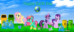 Size: 1067x459 | Tagged: safe, artist:lizzmcclin, imported from derpibooru, fluttershy, starlight glimmer, twilight sparkle, oc, oc:lizzy sparkle, alicorn, unicorn, 2025, earth, earth day, female, horn, recycle bin, recycling, twilight sparkle (alicorn)
