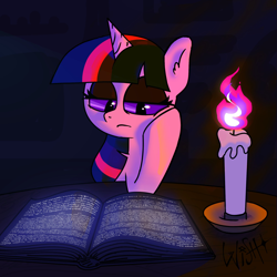 Size: 2000x2000 | Tagged: safe, artist:wishingscarf, imported from derpibooru, twilight sparkle, alicorn, pony, book, candle, colored sclera, female, hoof on cheek, lorem ipsum, mare, reading, solo, table, twilight sparkle (alicorn)