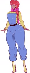 Size: 989x2367 | Tagged: safe, alternate version, artist:annon, imported from derpibooru, apple bloom, human, equestria girls, big lips, bow, clothes, denim, eyelashes, eyeshadow, female, high heels, humanized, lipstick, long eyelashes, long legs, long nails, makeup, nail polish, overalls, scarf, shoes, simple background, solo, sweater, white background