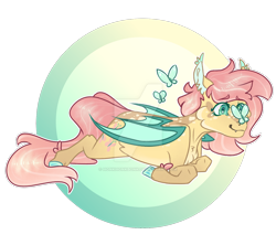Size: 1280x1138 | Tagged: safe, artist:honkhonkbonk, imported from derpibooru, fluttershy, bat pony, butterfly, pony, bat ponified, chibi, flutterbat, lying down, prone, race swap, solo