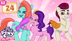 Size: 3840x2160 | Tagged: safe, artist:shad0w-galaxy, imported from derpibooru, pipp petals, earth pony, pegasus, pony, leak, spoiler:g5, spoiler:my little pony: tell your tale, spoiler:tyts02e24, 4k, :p, abstract background, concave belly, female, folded wings, g5, got to trot, gradient mane, height difference, high res, i can't believe it's not hasbro studios, jazz hooves, lidded eyes, long mane, looking at you, male, mare, my little pony logo, my little pony: tell your tale, open mouth, physique difference, pipp is chubby, pipp is short, pose, raised hoof, rocky riff, show accurate, slender, smiling, spread wings, stallion, style emulation, thin, thumbnail, tongue out, trio, wings, youtube thumbnail