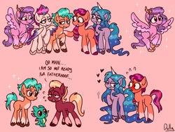 Size: 2048x1536 | Tagged: safe, artist:the-fucking-cannibal, imported from derpibooru, hitch trailblazer, izzy moonbow, pipp petals, sprout cloverleaf, sunny starscout, zipp storm, dragon, earth pony, pegasus, pony, unicorn, baby, baby dragon, clovertrail, dialogue, female, g5, gay, hoof around neck, horn, hug, lesbian, male, mane five, mane stripe sunny, mare, moonscout, shipping, sparky sparkeroni, stallion, tail on face, winghug, wings