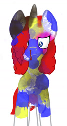 Size: 988x1851 | Tagged: safe, artist:kingofmlp, imported from derpibooru, oc, oc only, oc:lmoney, pony, unicorn, blood, covered in paint, curly mane, curly tail, front view, horn, implied party, long mane, nosebleed, paint, simple background, solo, tail, tired, white background