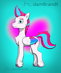 Size: 892x1070 | Tagged: safe, artist:adambrandt, artist:dambrandt, imported from derpibooru, zipp storm, pegasus, pony, abstract background, cheek fluff, chest fluff, colored wings, eyebrows, eyelashes, feathered fetlocks, female, folded wings, g5, heart, lacrimal caruncle, mare, multicolored wings, my little pony: a zephyr heights mystery, side view, signature, solo, standing, unshorn fetlocks, wings