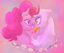 Size: 1700x1400 | Tagged: safe, artist:abbytabbys, imported from derpibooru, gilda, pinkie pie, earth pony, griffon, pony, blushing, duo, duo female, female, floating heart, flower, gildapie, heart, lesbian, looking at each other, looking at someone, mare, shipping