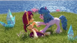 Size: 3840x2160 | Tagged: safe, artist:kby1123, imported from derpibooru, izzy moonbow, sunny starscout, earth pony, pegasus, pony, 3d, belly, blender, braid, braided ponytail, coat markings, crystal, day, duo, duo female, female, flower, g5, grass, horn, horn markings, lesbian, lighting, long mane, magnetic hooves, mare, moonscout, my little pony: a maretime bay adventure, outdoors, physique difference, ponytail, scrunchie, shipping, slender, socks (coat markings), sunny's bag, thin, unshorn fetlocks, water