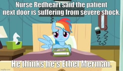 Size: 712x414 | Tagged: safe, edit, edited screencap, imported from derpibooru, screencap, rainbow dash, read it and weep, airplane!, caption, image macro, imgflip, movie reference, my little pony, ponyville hospital, talking to viewer, text