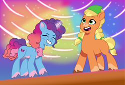 Size: 1756x1200 | Tagged: safe, artist:prixy05, imported from derpibooru, oc, oc:moss blossom, earth pony, pony, unicorn, au:reformed friendship, duo, duo female, female, g5, horn, magic, mare, misty brightdawn, my little pony: tell your tale, older, older misty brightdawn