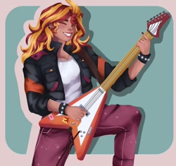 Size: 1232x1158 | Tagged: safe, artist:mark09km, imported from derpibooru, sunset shimmer, art pack:mypastisnottoday2025, equestria girls, clothes, denim, eyes closed, female, grin, guitar, jacket, jeans, leather, leather jacket, long hair, musical instrument, pants, passepartout, playing guitar, playing instrument, shirt, smiling, solo, spiked wristband, two toned hair, wristband
