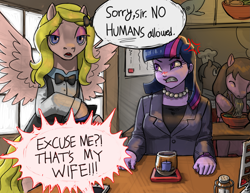 Size: 3025x2339 | Tagged: safe, artist:_accforreddit, imported from derpibooru, twilight sparkle, oc, human, pegasus, pony, equestria girls, bow, bowtie, chef's hat, cross-popping veins, dialogue, ear piercing, earring, emanata, female, food, hair bow, hat, jewelry, mare, necklace, noodles, offscreen character, pearl necklace, piercing, pov, ramen, restaurant, role reversal, sorry sir no pets allowed, speech bubble, spread wings, waitress, wings