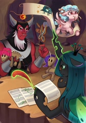 Size: 1514x2160 | Tagged: safe, artist:switchsugar, imported from derpibooru, cozy glow, lord tirek, queen chrysalis, centaur, changeling, changeling queen, pegasus, pony, taur, female, filly, flying, foal, legion of doom, letter, magic, male, mouth hold, needle, plushie, quill, scissors, sewing, telekinesis, thread, writing, zine:mlp music zine