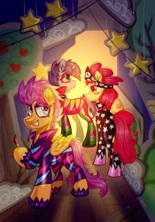 Size: 1514x2160 | Tagged: safe, artist:k0potb, imported from derpibooru, apple bloom, scootaloo, sweetie belle, earth pony, pegasus, pony, unicorn, the show stoppers, bandana, clothes, cutie mark crusaders, female, filly, foal, horn, my little pony, paintbrush, show stopper outfits, trio, zine:mlp music zine