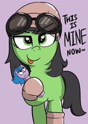 Size: 2620x3684 | Tagged: safe, artist:velochiraptor, imported from derpibooru, izzy moonbow, oc, oc:filly anon, beanie, clothes, duo, female, filly, foal, g5, hat, looking at you, pez dispenser, simple background, socks, sunglasses, sunglasses on head, tail, text, tongue out
