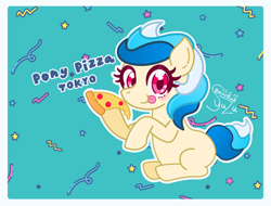 Size: 762x578 | Tagged: safe, artist:s_yuzu1227, imported from derpibooru, oc, earth pony, pony, :p, blue background, blushing, cyan background, female, food, full body, looking at you, mare, mascot, outline, passepartout, pizza, pony pizza tokyo, signature, simple background, sitting, slice of pizza, solo, stars, tongue out, white outline