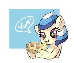 Size: 1021x876 | Tagged: safe, artist:gxgxg_c, imported from derpibooru, oc, earth pony, pony, blue background, blushing, cyan background, eating, exclamation point, female, food, holding, mare, mascot, passepartout, pizza, pony pizza tokyo, simple background, slice of pizza, speech bubble, starry eyes, text, upper body, wingding eyes