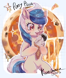 Size: 1725x2048 | Tagged: safe, artist:g5p7r, imported from derpibooru, oc, earth pony, pony, bipedal, cookie, cowboy shot, female, food, holding, ice cream, ice cream cone, mare, mascot, oreo, outline, patterned background, pony pizza tokyo, signature, slice of pizza, solo, sparkles, text, white outline