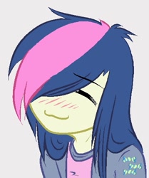 Size: 417x500 | Tagged: safe, artist:cant-stop-staring, imported from derpibooru, bon bon, sweetie drops, human, :3, adorabon, blushing, clothes, cute, cutie mark, cutie mark on clothes, eyes closed, female, gray background, humanized, lucky star, simple background, smiling, solo