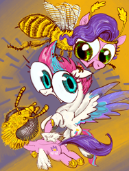 Size: 3000x4000 | Tagged: safe, artist:ja0822ck, imported from derpibooru, pipp petals, zipp storm, bee, bee pony, insect, original species, pegasus, pony, big eyes, bumblebipp, female, g5, head swap, mare, siblings, sisters, species swap
