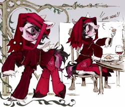 Size: 2048x1744 | Tagged: safe, artist:p0nyplanet, imported from derpibooru, oc, oc only, pegasus, pony, alcohol, clothes, dialogue, eating, fork, glass, hoof hold, medieval, messy eating, sitting, solo, wine, wine glass