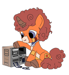 Size: 2864x3116 | Tagged: artist needed, source needed, safe, imported from derpibooru, oc, oc only, oc:beanie softheart, unicorn, brown hooves, computer, concentrating, horn, orange coat, plushie, repairing, simple background, tongue out, transparent background