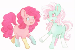 Size: 1631x1080 | Tagged: safe, artist:doekis, imported from derpibooru, minty, pinkie pie, earth pony, pony, :d, clothes, colored lineart, colored nose, colored pinnae, cream background, cute, duo, duo female, eye contact, eyebrows, female, film grain, full body, g3, heart, heart eyes, looking at each other, looking at someone, mare, mismatched socks, noise, open mouth, open smile, simple background, smiling, smiling at each other, socks, three quarter view, underhoof, wingding eyes