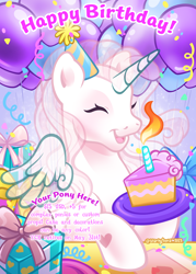 Size: 1500x2100 | Tagged: safe, artist:sparkytopia, imported from derpibooru, pony, 2025, balloon, birthday cake, birthday gift, birthday party, blank pony, cake, commission, confetti, eyes closed, female, food, g3, hat, hoof hold, mare, open mouth, open smile, party, party hat, present, signature, smiling, solo, text, your character here