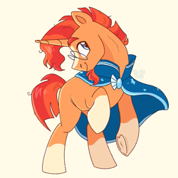 Size: 599x599 | Tagged: safe, artist:slushpony, imported from derpibooru, sunburst, pony, unicorn, aside glance, bipedal, blaze (coat marking), cloak, closed mouth, clothes, coat markings, colored eyebrows, eyebrows, facial hair, facial markings, foreshortening, full body, glasses, goatee, hoof heart, horn, looking at you, looking sideways, male, missing cutie mark, raised hoof, round glasses, sideways glance, smiling, socks (coat markings), solo, stallion, sternocleidomastoid, sunburst's cloak, sunburst's glasses, turned head, underhoof
