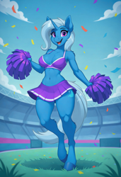 Size: 832x1216 | Tagged: safe, imported from twibooru, trixie, anthro, unguligrade anthro, unicorn, ai generated, breasts, cheerleader, cheerleader outfit, chest fluff, cleavage, clothes, confetti, ear fluff, female, grass, horn, image, leg fluff, looking at you, midriff, open mouth, open smile, png, pom pom, prompter:eidolon, shoulder fluff, smiling, solo, stadium