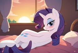 Size: 1600x1095 | Tagged: safe, imported from twibooru, rarity, pony, unicorn, ai generated, bed, bedroom eyes, blushing, butt, cloud, curtains, eyeshadow, female, furniture, hair, half-closed eyes, horn, image, looking at you, looking back, lying, makeup, narrowed eyes, needs more jpeg, on bed, on side, pillow, prompter:harvydraws, smiling, solo, sunset, window
