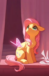 Size: 1440x2230 | Tagged: safe, imported from twibooru, fluttershy, butterfly, insect, pegasus, pony, ai generated, chest fluff, cute, female, folded wings, image, looking up, mare, needs more jpeg, prompter:featherskylark, shyabetes, sitting, solo, sunlight, wings
