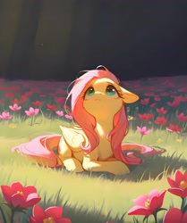 Size: 3744x4480 | Tagged: safe, imported from twibooru, fluttershy, pegasus, pony, ai generated, crepuscular rays, cute, female, floppy ears, flower, folded wings, full body, grass, image, looking up, lying down, lying on the ground, mare, needs more jpeg, prompter:featherskylark, prone, shyabetes, solo, subsurface scattering, wings