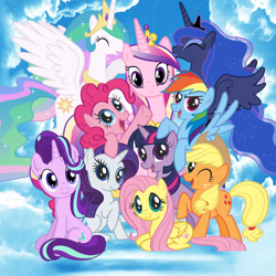 Size: 1000x998 | Tagged: safe, artist:90sigma, artist:afishonlegs, artist:negasun, imported from twibooru, applejack, fluttershy, pinkie pie, princess cadance, princess celestia, princess luna, rainbow dash, rarity, starlight glimmer, twilight sparkle, alicorn, earth pony, pegasus, pony, unicorn, the crystalling, absurd resolution, c:, concave belly, cute, duo, duo female, eyes closed, female, glimmerbetes, happy, heaven, hoofbump, horn, image, looking at you, mane six, mane six opening poses, mare, my little pony, needs more jpeg, open mouth, rearing, royal sisters, siblings, simple background, sisters, sitting, slender, smiling, solo, stock vector, thin, transparent background, unicorn twilight, vector