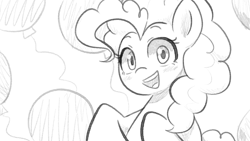 Size: 1920x1080 | Tagged: safe, artist:makaryo, imported from derpibooru, pinkie pie, earth pony, pony, bust, female, grayscale, looking at you, mare, monochrome, simple background, sketch, smiling, smiling at you, solo, white background
