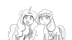 Size: 1920x1080 | Tagged: safe, artist:makaryo, imported from derpibooru, izzy moonbow, sunny starscout, earth pony, pony, unicorn, duo, duo female, female, g5, grayscale, horn, looking at you, monochrome, open mouth, open smile, simple background, sketch, smiling, smiling at you, white background