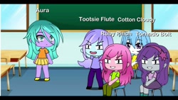 Size: 686x386 | Tagged: safe, artist:🌈my own pfp pink girly🦄, imported from derpibooru, cotton cloudy, liza doolots, petunia, ruby pinch, tootsie flute, tornado bolt, human, equestria girls, aura (g4), aura is not amused, aurabetes, boots, classroom, clothes, cotton cloudy is not amused, cottonbetes, cute, equestria girls-ified, female, gacha life, group, headband, humanized, pinchybetes, shoes, sitting, skirt, standing, tootsie cute, tornadorable, unamused
