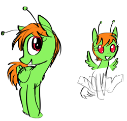 Size: 604x574 | Tagged: artist needed, safe, imported from twibooru, oc, oc:shem horse, alien, alien pony, pegasus, pony, antennae, colored, cutie mark, eyes closed, female, full body, gem, green coat, image, imageboard, jewel, mare, monochrome, multiple poses, png, ponified, red eyes, red sclera, sketch, smiling, solo, soygem.party