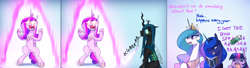 Size: 5278x1440 | Tagged: safe, artist:anticular, imported from derpibooru, princess cadance, princess celestia, princess luna, queen chrysalis, twilight sparkle, alicorn, changeling, changeling queen, pony, all in one, angry dog noises, aura, belly, bendy straw, bipedal, book, bug spray, changeling feeding, comic, concave belly, crown, dragon ball, drink, drinking, drinking straw, duo, female, glowing, glowing eyes, glowing horn, hearts and hooves day, holiday, hoof shoes, horn, jewelry, looking away, looking back, magic, mare, meme, nervous sweat, open mouth, peytral, princess of love, princess shoes, raised hooves, regalia, royal sisters, siblings, sisters, sitting, slender, slurp, slurping, straw, super saiyan, teeth, telekinesis, thin, throat, twilight sparkle (alicorn), uvula, valentine's day, volumetric mouth