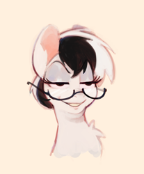 Size: 1274x1536 | Tagged: safe, artist:unclechai, imported from derpibooru, oc, oc only, oc:unclechai, pegasus, pony, chest fluff, double chin, evil grin, female, glasses, grin, mare, simple background, smiling, solo