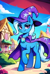 Size: 1600x2400 | Tagged: safe, imported from twibooru, trixie, pony, unicorn, ai generated, building, cape, clothes, cloud, female, hat, headgear, headwear, horn, house, image, looking at you, needs more jpeg, outdoors, prompter:wikkitikki, sky, smiling, solo, wizard hat