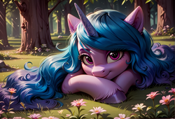 Size: 2760x1880 | Tagged: safe, imported from twibooru, izzy moonbow, pony, unicorn, ai generated, female, flower, forest, g5, generator:incursio's meme diffusion, generator:stable diffusion, head on hooves, horn, image, looking at you, lying in grass, png, prompter:brazencaballo00091, solo, solo female, tree